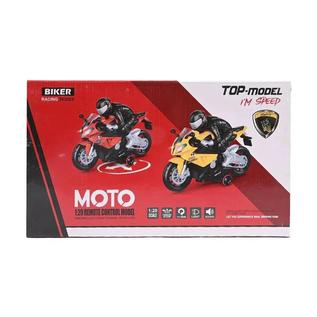 Biker Moto 1:20 Remote Control Motorcycle  Lights & 360° Rotation - Toys Heaven