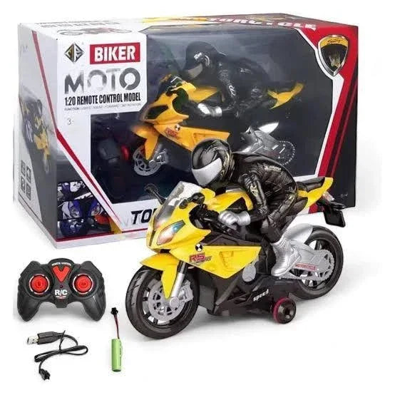 Biker Moto 1:20 Remote Control Motorcycle  Lights & 360° Rotation - Toys Heaven